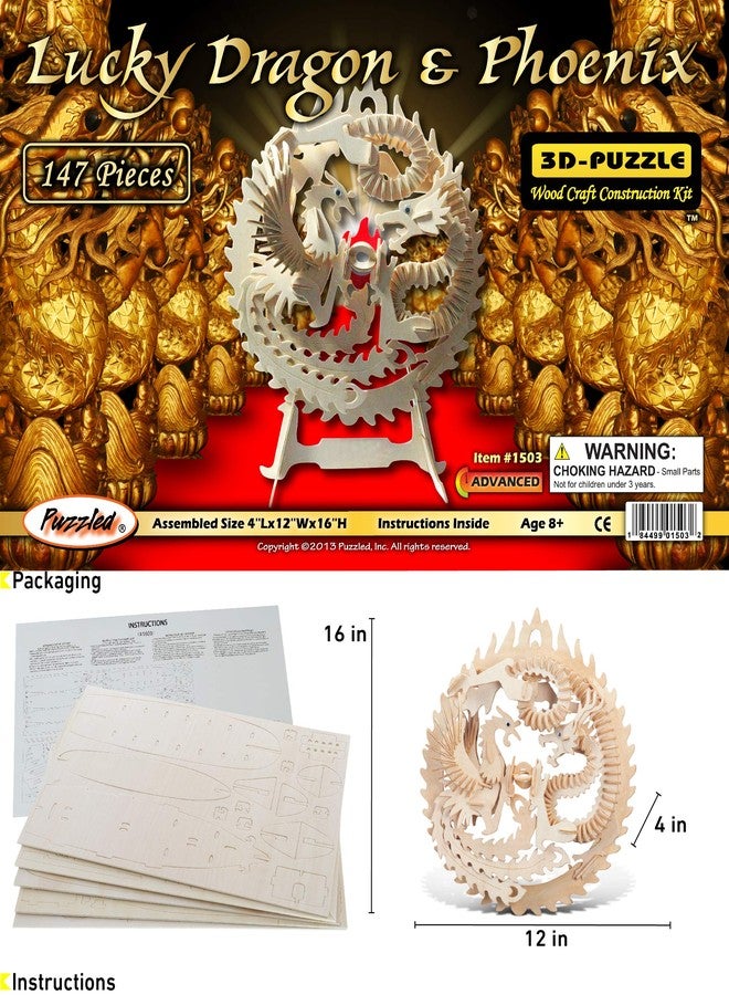 Puzzled Lucky Dragon and Phoenix Wooden 3D Puzzle - Wooden Dragon and Phoenix Puzzle Toy, Educational DIY Phoenix and Dragon Puzzle, 3D Wooden Puzzle Model Kits to Build and Paint with 147 Pieces Pack - Image 2